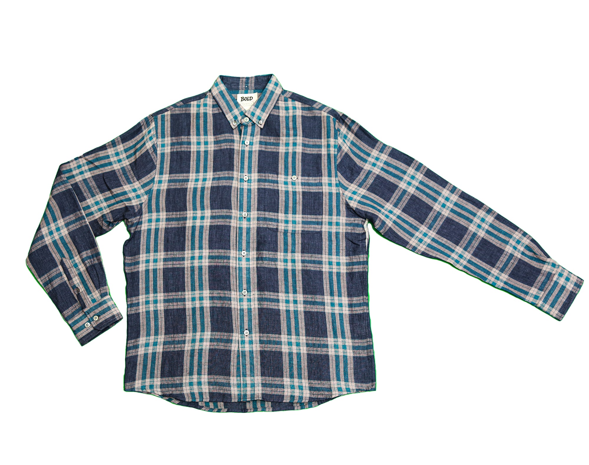 बोल्ड एंड बेसिक्स नेवी टील प्लेड लिनन शर्ट