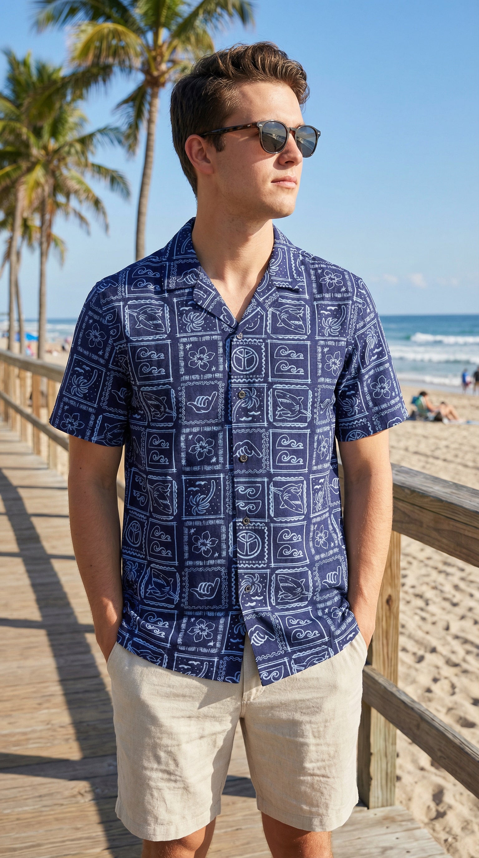 Navy Blue Hawaiian Shirt with Tropical Print
