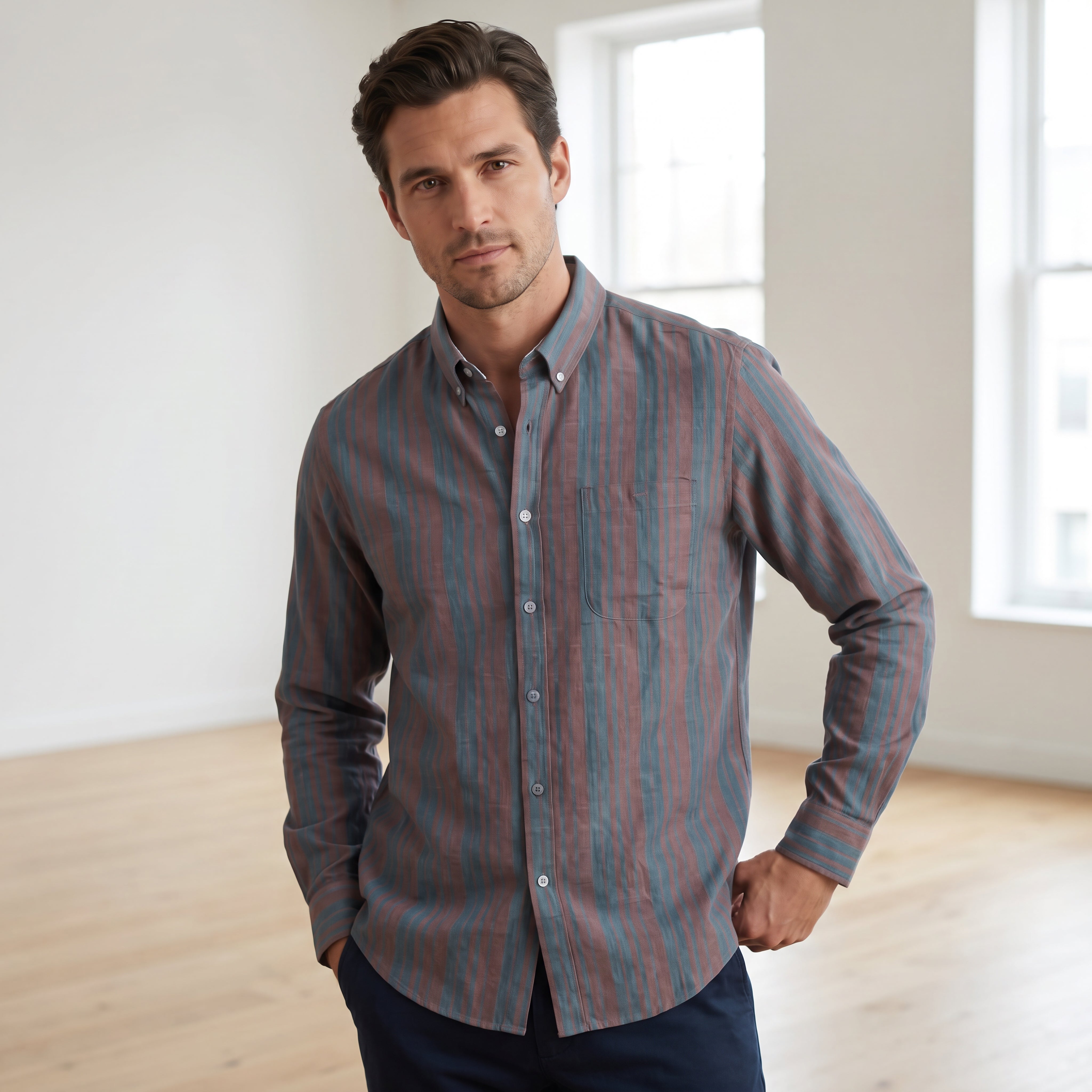 Vertical Stripe Button-Down Linen Shirt