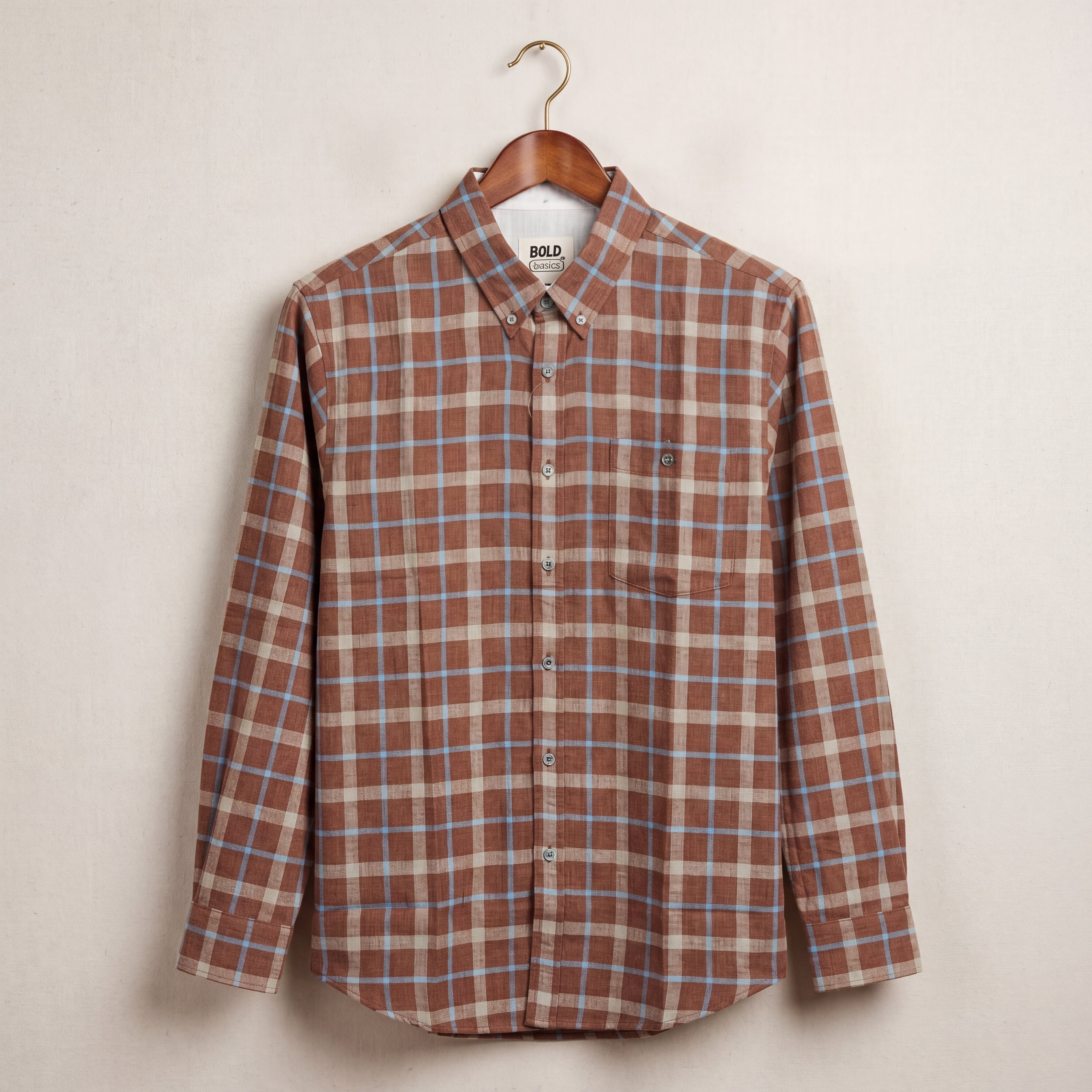 Warm Brown Plaid Button-Down Shirt