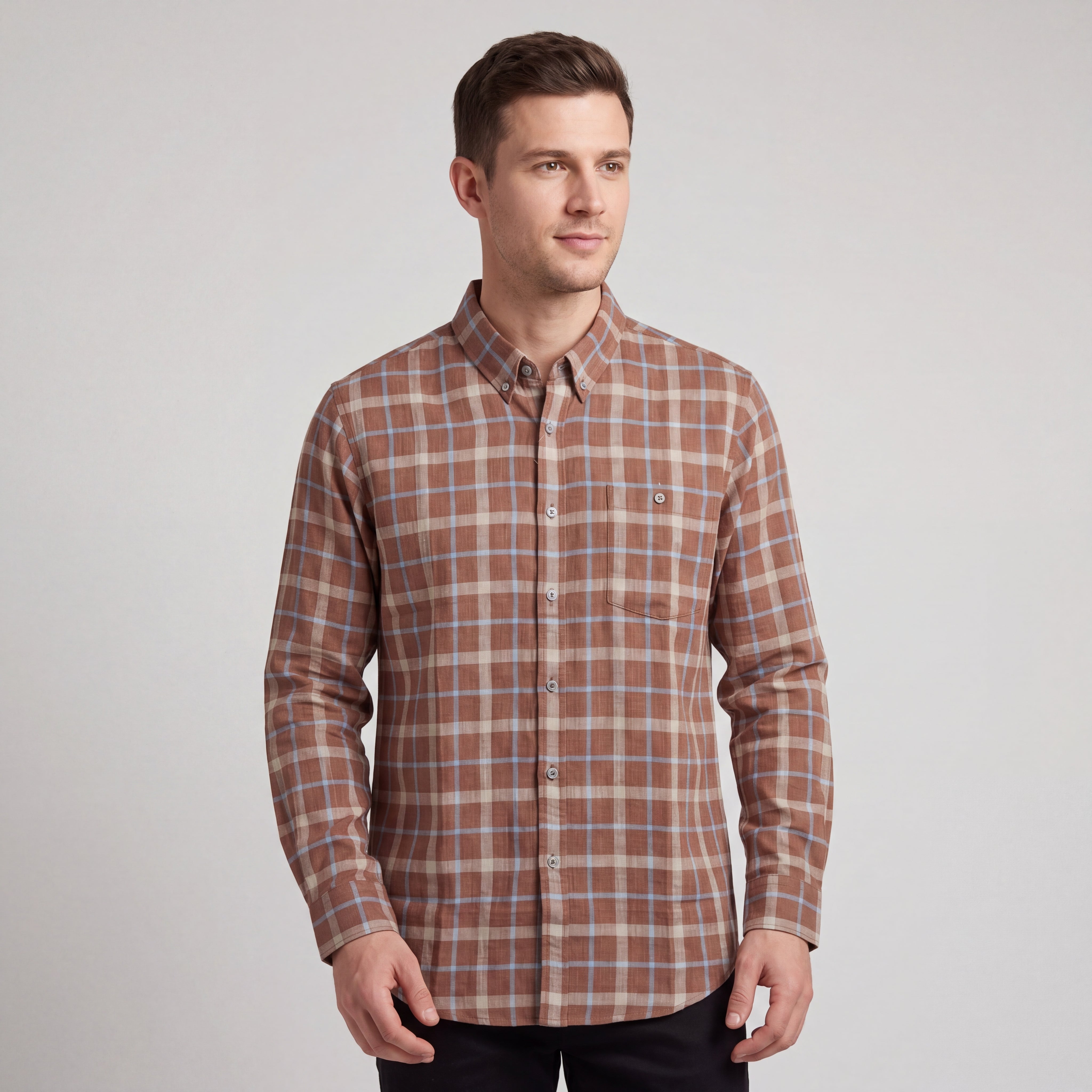 Warm Brown Plaid Button-Down Shirt
