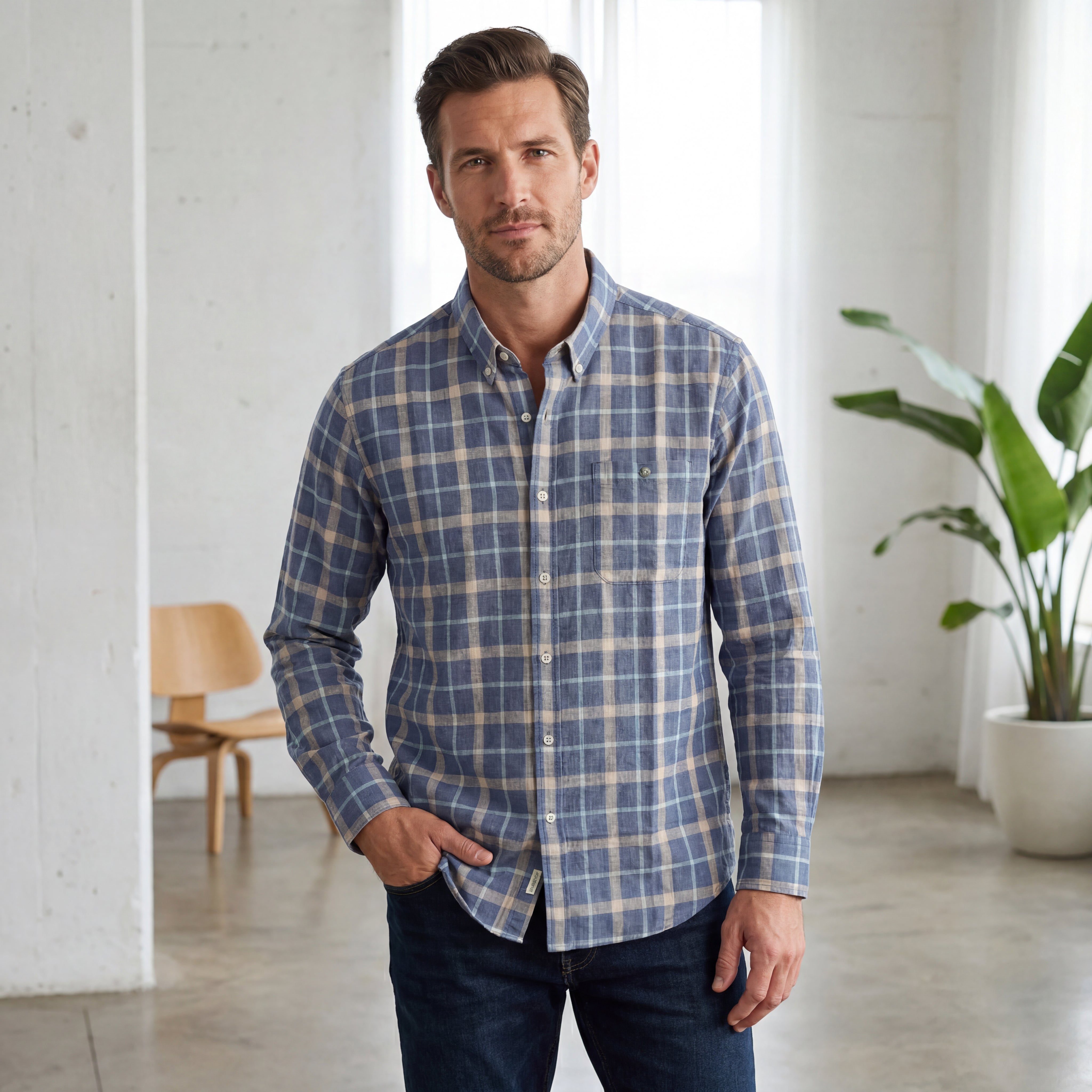 Classic Blue Plaid Button-Down Shirt