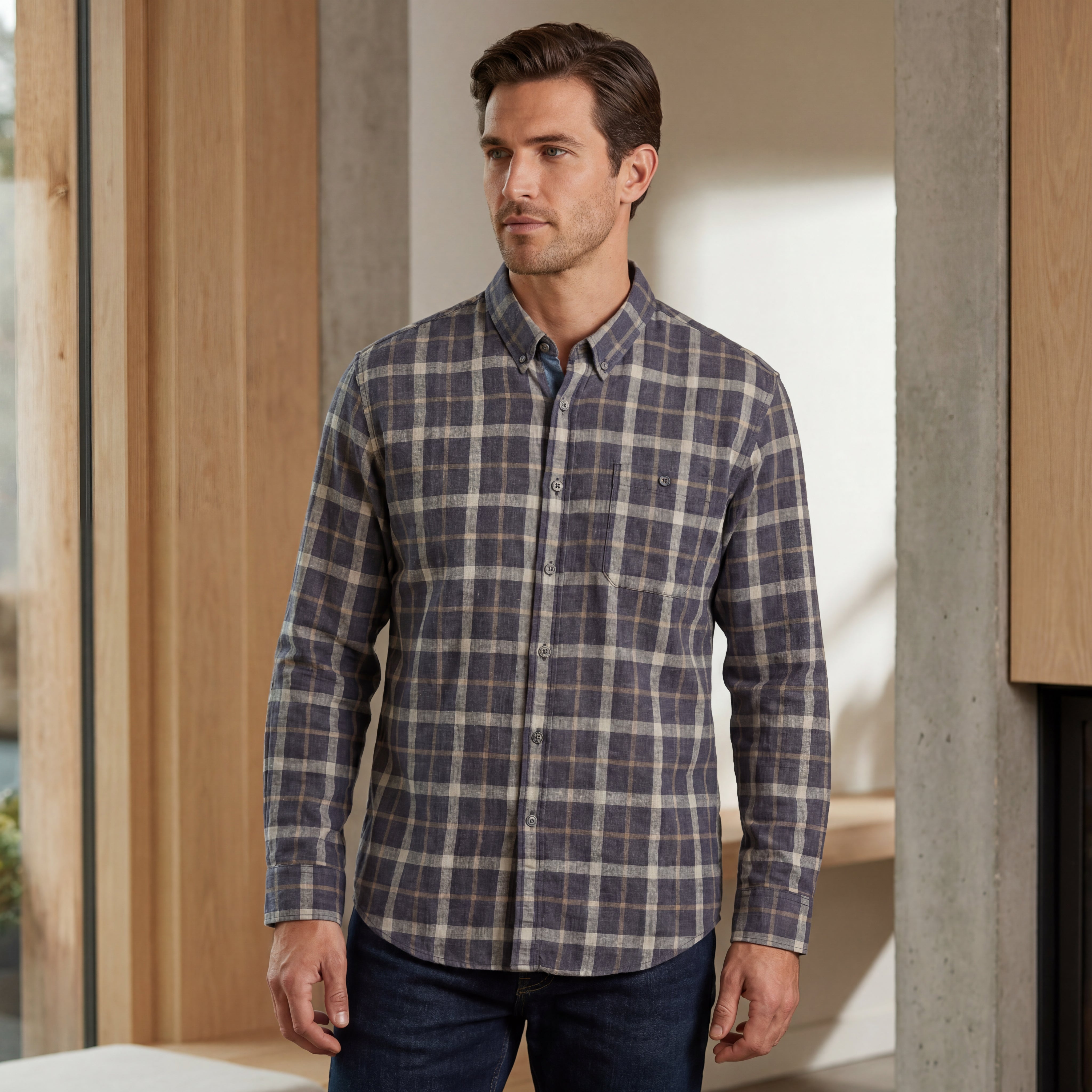 Navy Plaid Button-Down Shirt