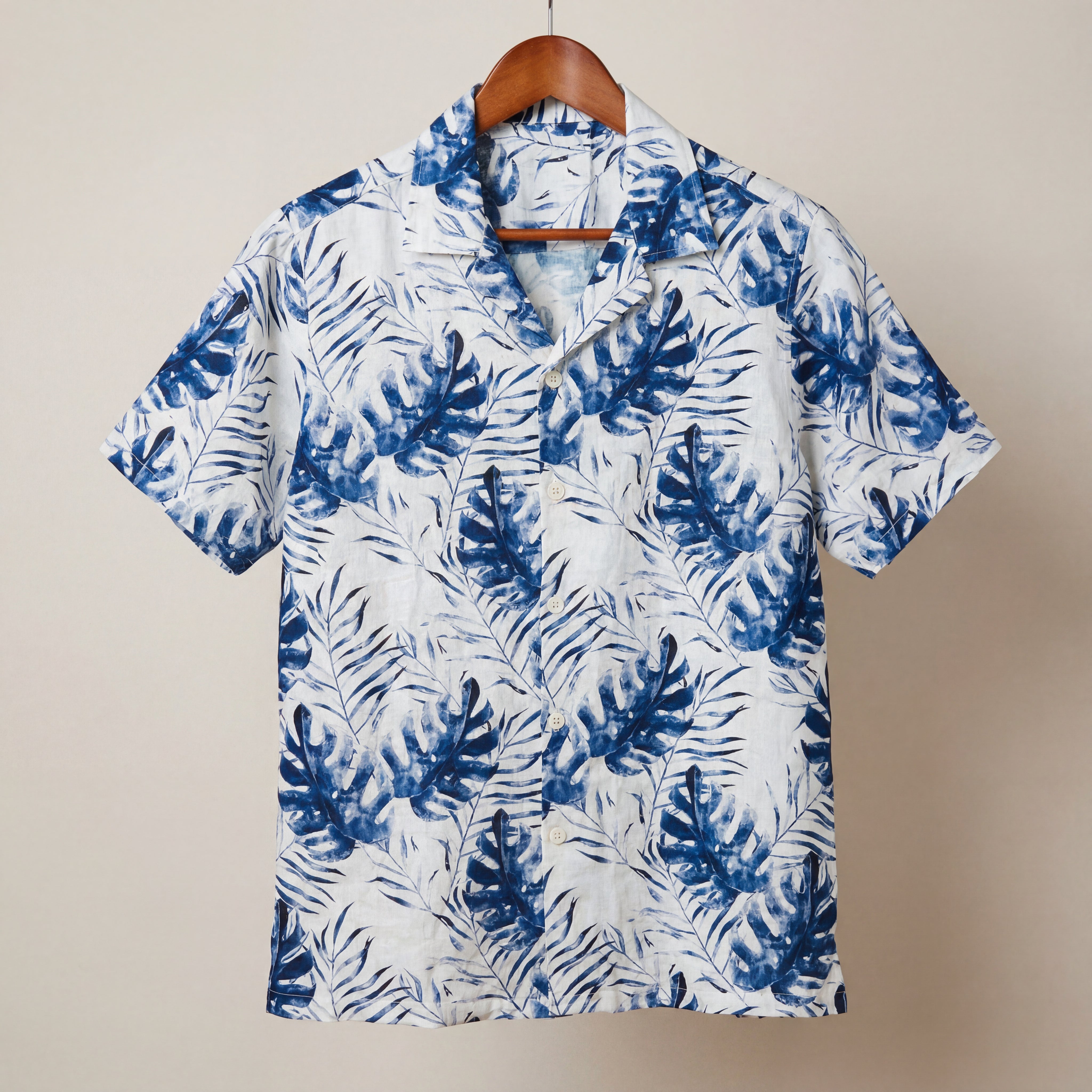 Indigo Leaf Print Short-Sleeve Shirt