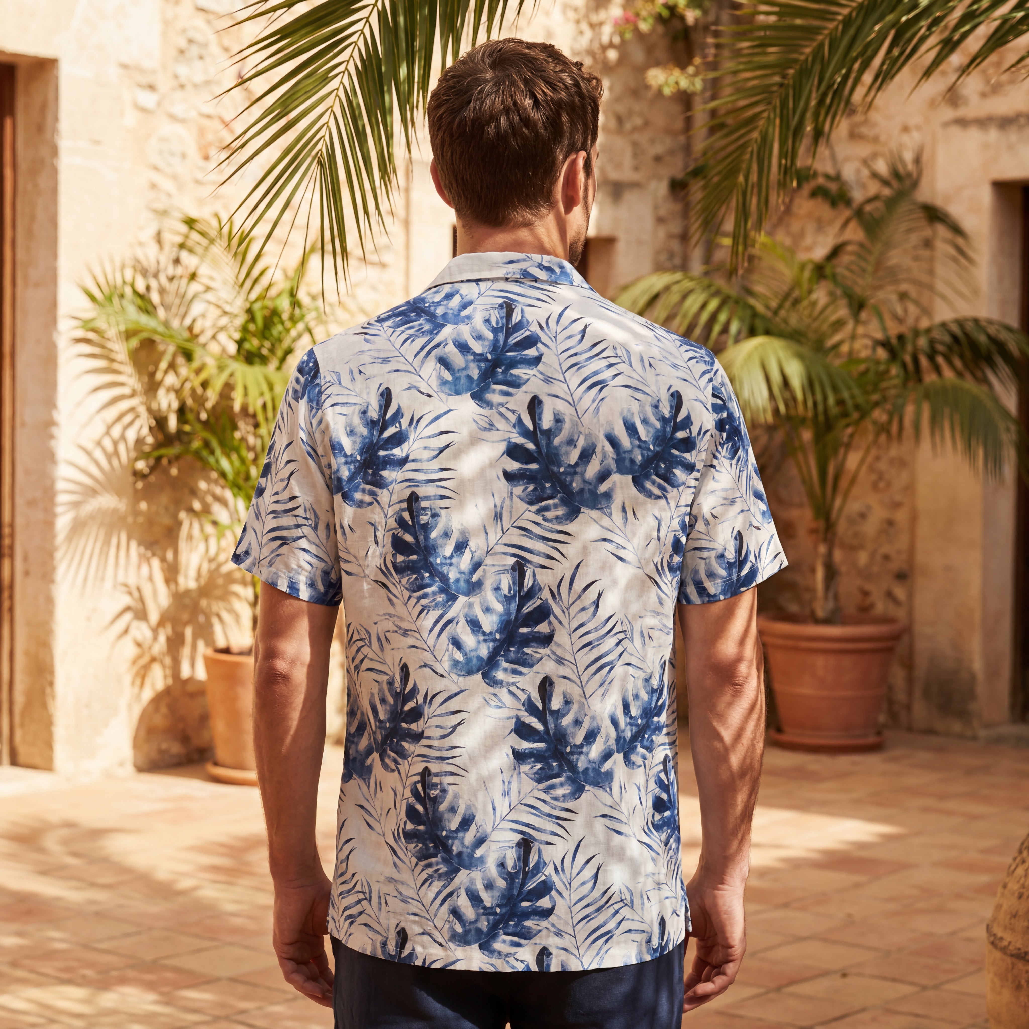 Indigo Leaf Print Short-Sleeve Shirt