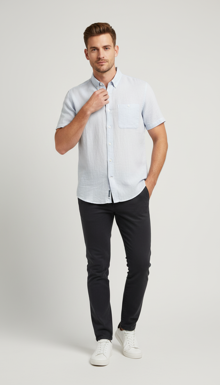 Bold&Basics Oyster Grey Solid Linen Shirt