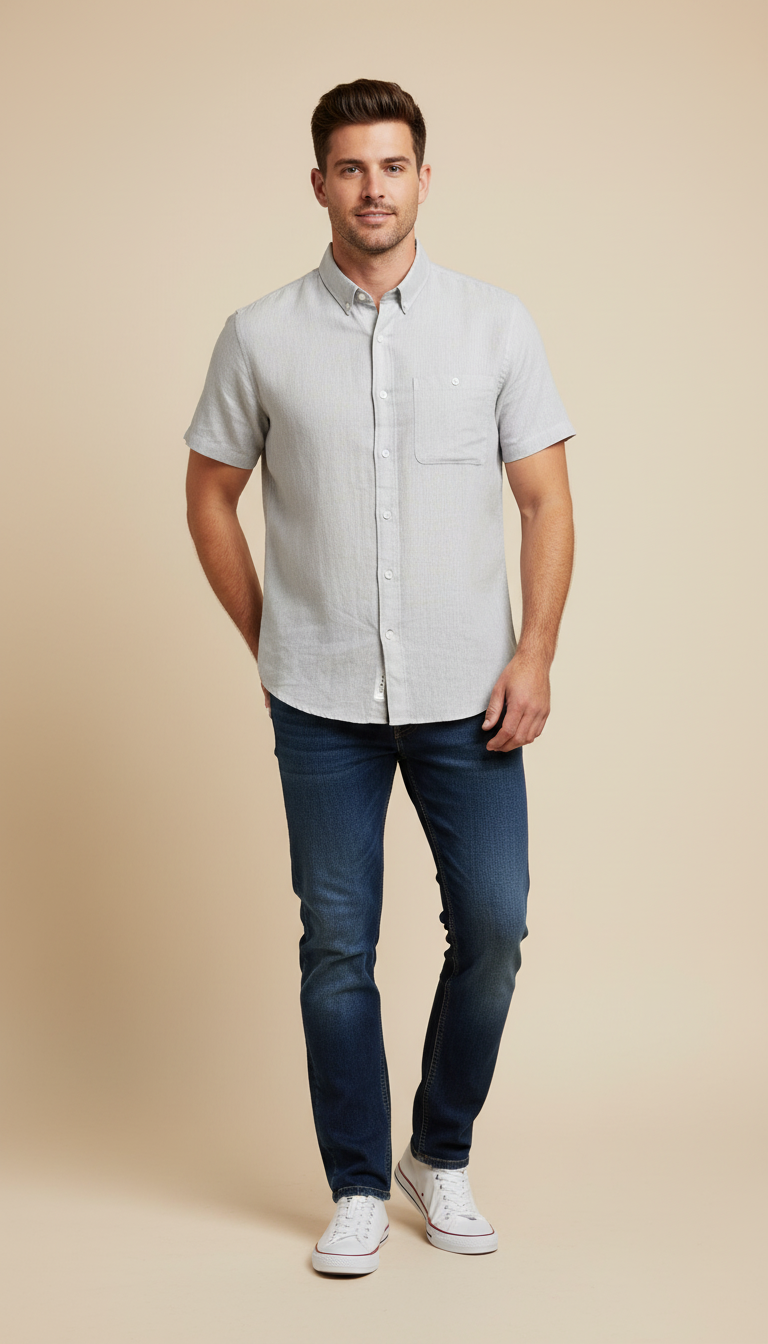 बोल्ड एंड बेसिक्स मिस्ट ग्रे सॉलिड लिनन शर्ट