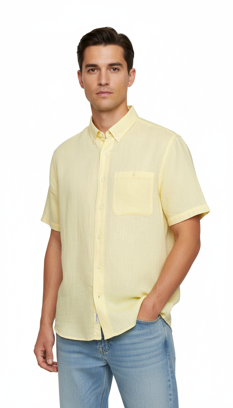 Bold&Basics Pastel Yellow Solid Linen Shirt