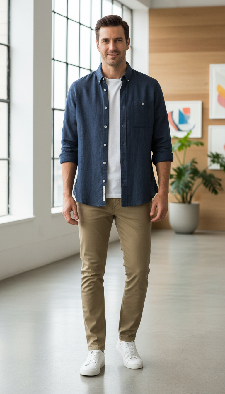 बोल्ड एंड बेसिक्स डीप इंडिगो सॉलिड लिनन शर्ट